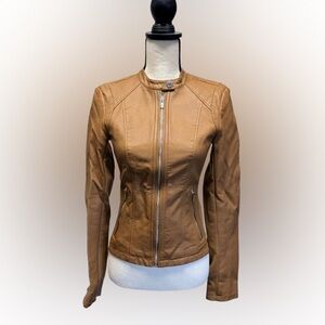 Express Faux Leather Moto Jacket Size XS Camel Brown Soft Stretch Panels FLAW